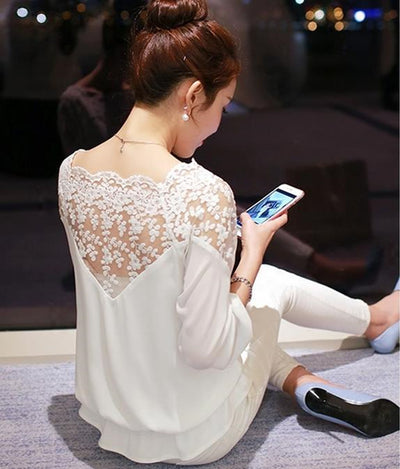 Blusa Suelta Coreana con Encaje y Mangas Tres Cuartos para Mujer - Image 4