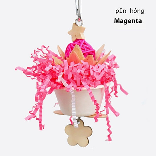 Blue parrot flower clump bite toy with shredded paper, wooden pieces, and a hanging metal clip. - Image 20