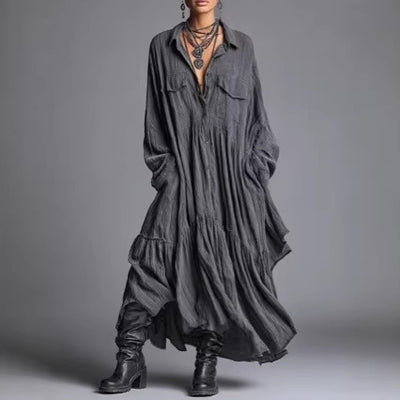 Vestido Camisero Retro Plisado Manga Larga Oversize - Image 3