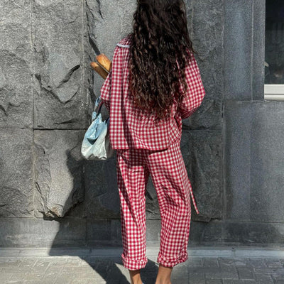 Conjunto Dos Piezas: Blusa Cuadros Suelta con Cordones y Pantalón Ancho - Image 9