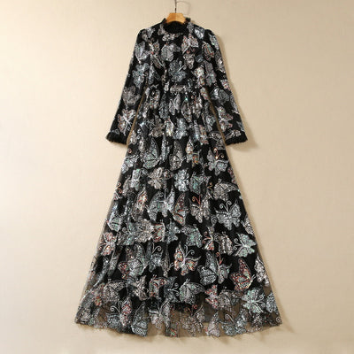 Vestido Largo con Mangas y Diseño de Mariposas Lentejuelas Brillantes
