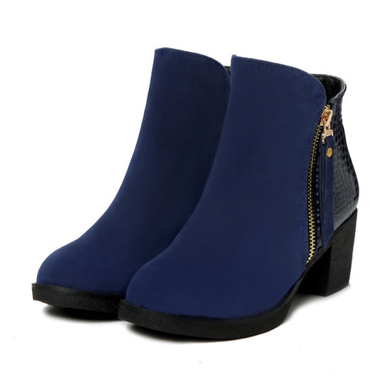 Botas de Cuero Áspero con Tacón Alto y Cierre Lateral - Tallas Grandes para Mujer