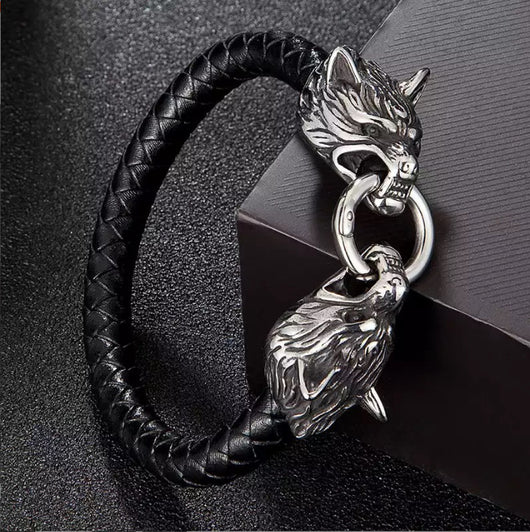 Pulsera de Cuero con Cabeza de Lobo en Acero Titanio para Hombre - Image 10