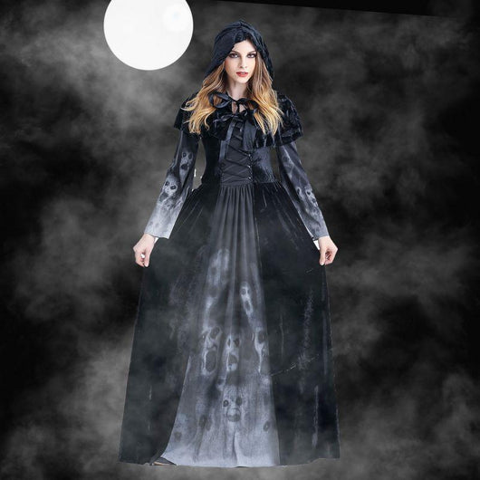 Disfraz de Bruja Gótica Medieval Maleficent - Vestido Negro Largo con Capucha para Halloween y Carnaval - Image 11