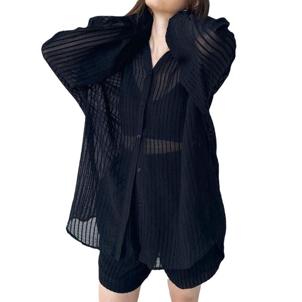 Conjunto de Dos Piezas: Blusa Texturizada Manga Larga y Shorts Casuales para Verano
