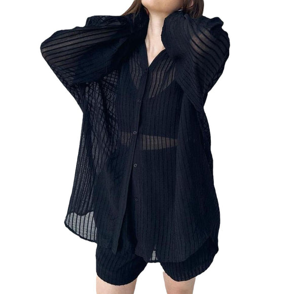 Conjunto de Dos Piezas: Blusa Texturizada Manga Larga y Shorts Casuales para Verano