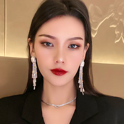 Aretes Largos de Perlas y Diamantes Completos con Borlas Exageradas - Image 10