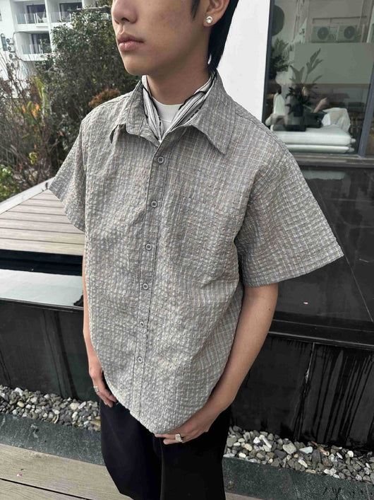 Camisa Cuadriculada Seersucker Suelta para Hombre - Manga Corta Verano - Image 23
