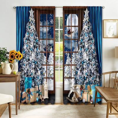 Digital printed Christmas curtains with a festive garland design, red ornaments, bows, and berries, on a white background. - Image 12