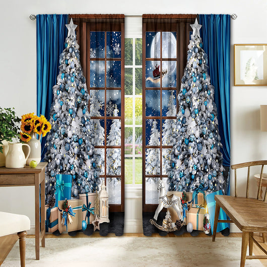 Digital printed Christmas curtains with a festive garland design, red ornaments, bows, and berries, on a white background. - Image 12