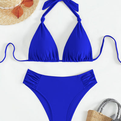 Solid olive green triangle halter bikini swimsuit for women, featuring a high-waisted bottom with ruched sides. - Image 3