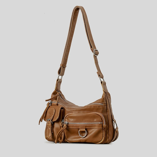 Bolso Moto Retro Hot Girl Marrón Multibolsillos