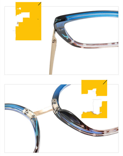 Blue and brown patterned butterfly frame anti-blue light glasses with gold-tone temples and blue temple tips. - Image 13