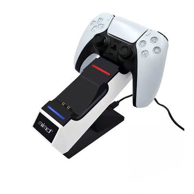 White and black dual charging station for PS5 game controllers with blue LED indicators and 'mind' logo.