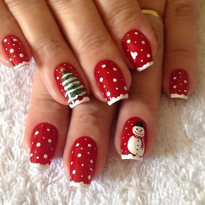 Set de 24 Uñas Postizas Navideñas con Diseños de Sombreros, Rayas y Copos de Nieve - Image 5
