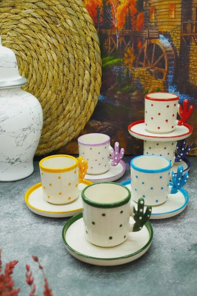 Juego de 6 Tazas Turcas Artesanales con Diseño Cactus Boho