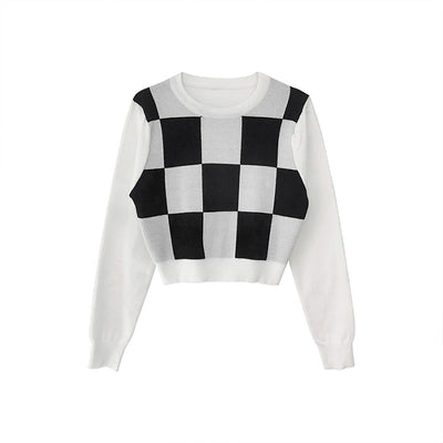 Suéter Retro a Cuadros Blanco y Negro Cuello Redondo para Mujer - Image 5