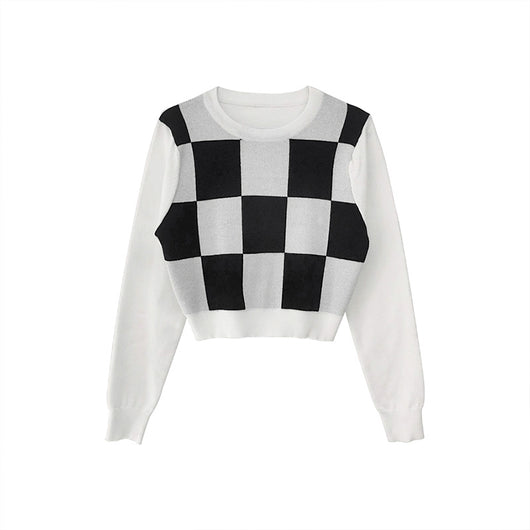 Suéter Retro a Cuadros Blanco y Negro Cuello Redondo para Mujer - Image 5