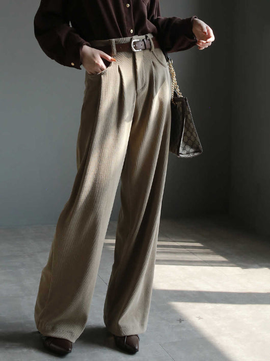 Pantalón Ancho de Cintura Alta en Pana Drapeado Versátil - Image 10