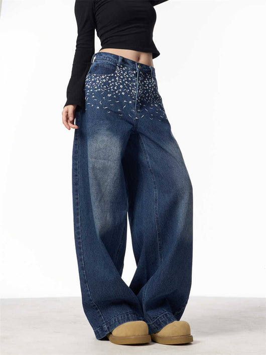 Pantalones Vaqueros Rectos Bordados Floral Vintage Mujer Cintura Alta Pierna Ancha - Image 16