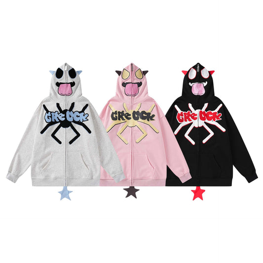 Cardigan Hoodie Infantil con Bordado de Araña y Letras