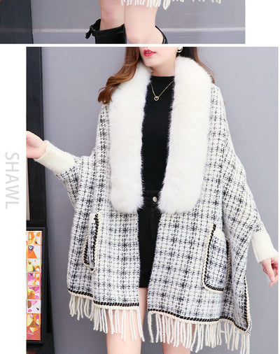 Poncho Cárdigan de Invierno con Cuello de Pelaje Sintético y Borlas - Talla Grande - Image 8