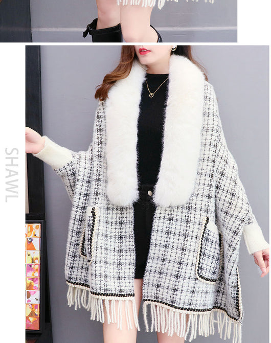 Poncho Cárdigan de Invierno con Cuello de Pelaje Sintético y Borlas - Talla Grande - Image 8