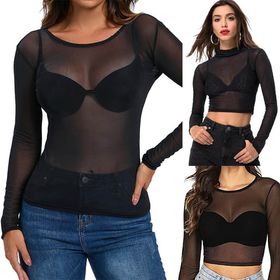 Blusa Mesh Ajustada Transparente de Manga Larga para Mujer