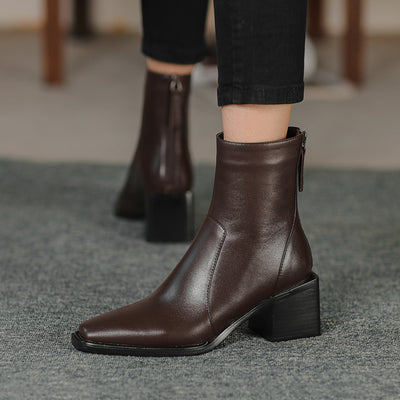 Botines de Cuero con Tacón Grueso y Punta Cuadrada para Mujer - Image 6