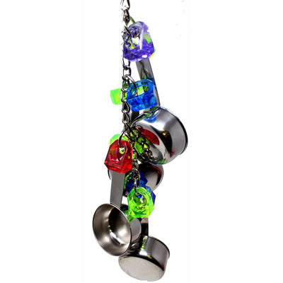 Stainless steel four-pot string toy for birds, featuring colorful plastic links and measuring cup-like pots. - Image 4