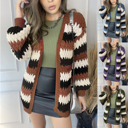 Cardigan Tejido con Combinación de Colores - Estilo Casual Moderno