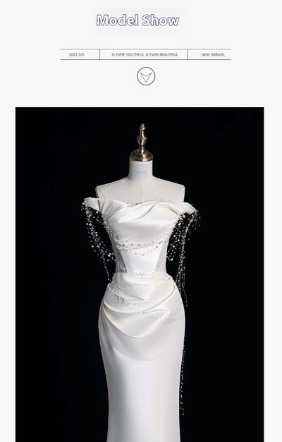 Vestido de Fiesta Satinado Hombros Descubiertos con Perlas - Image 13