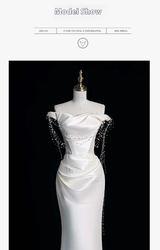 Vestido de Fiesta Satinado Hombros Descubiertos con Perlas - Image 13
