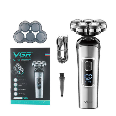 VGR V-385 professional men's rechargeable floating shaver with digital LCD, USB cable, cleaning brush, and head cover. - Image 16