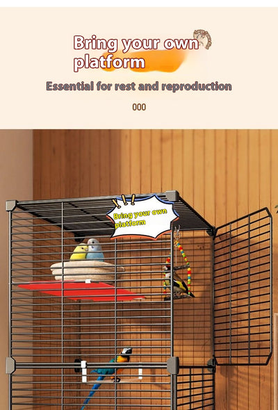Large black metal bird cage with two columns and three levels, including perches, platforms, food bowls, and a pull-out tray. Two parrots are visible inside. - Image 10