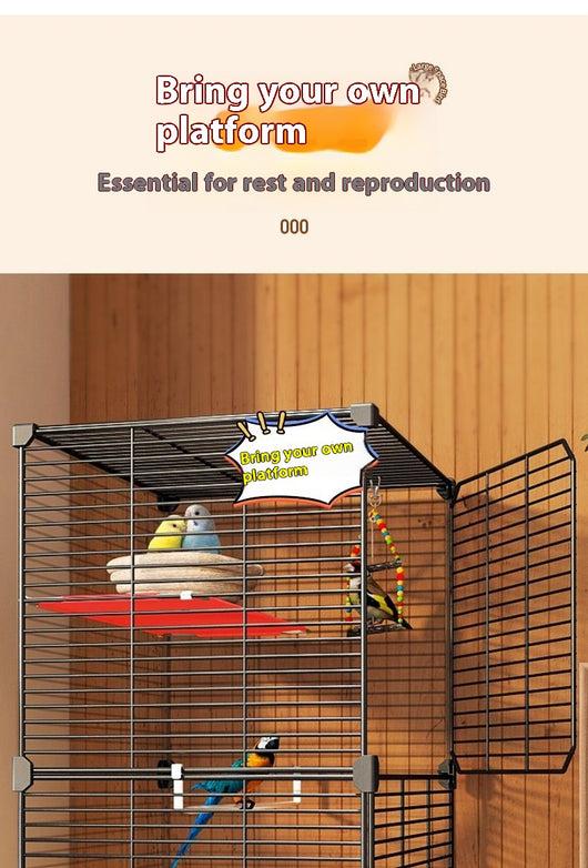 Large black metal bird cage with two columns and three levels, including perches, platforms, food bowls, and a pull-out tray. Two parrots are visible inside. - Image 10