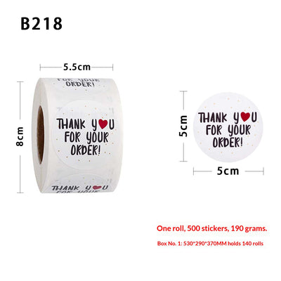 Roll of white round thank you stickers with black text, a red heart, and gold dots for orders. - Image 10