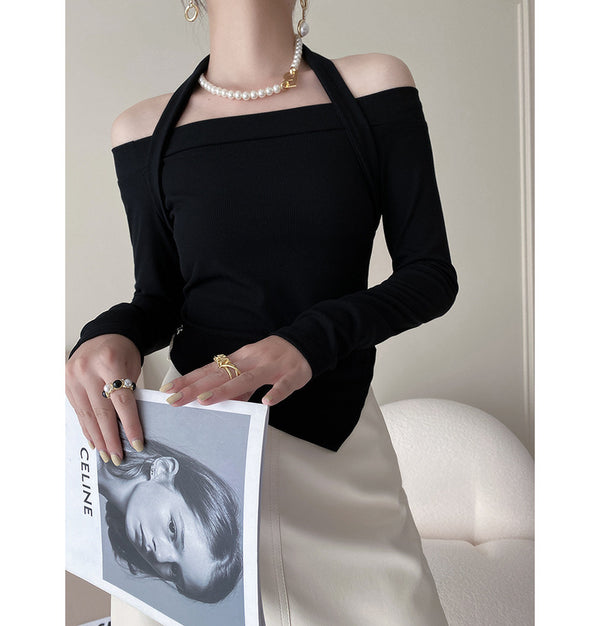 Blusa Otoñal de Manga Larga con Cuello Halter y Suéter Tejido en Hombros