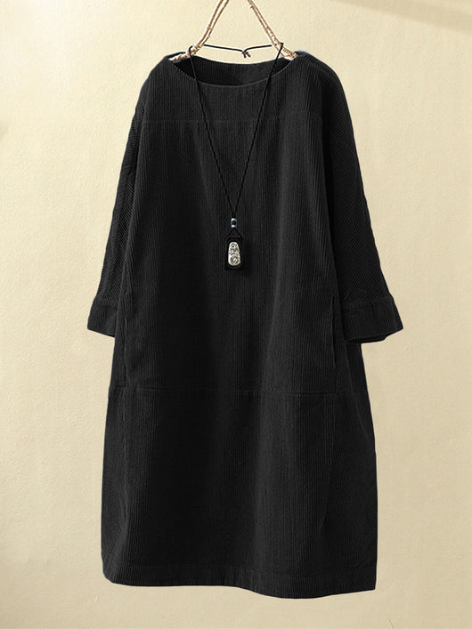 Vestido Cómodo Coreano de Color Sólido con Mangas Tres Cuartos - Image 9