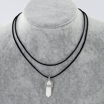 Collar Colgante de Piedra Natural con Cuerda de Cuero Doble y Cristal Hexagonal - Image 14