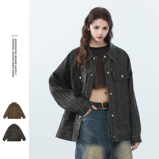 Chaqueta de Cuero PU Estilo Retro Americano Desgastado para Motociclista