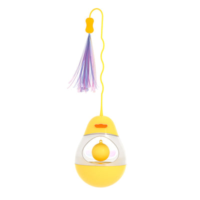 Yellow duck egg shaped tumbler cat toy with a clear middle, containing a yellow ball, and a flexible wand with purple and pink streamers. - Image 6