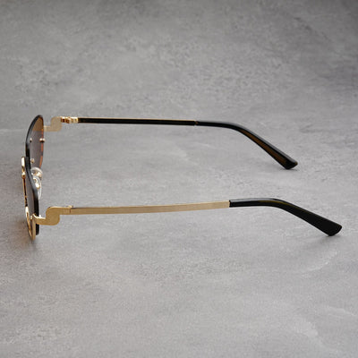 Gold frame semi-rimless sunglasses with brown rectangular lenses and black temple tips on a white background. - Image 13