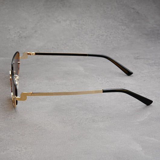Gold frame semi-rimless sunglasses with brown rectangular lenses and black temple tips on a white background. - Image 13