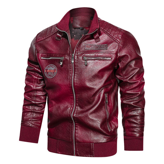 Chaqueta de Cuero con Cuello de Pie y Bolsillos