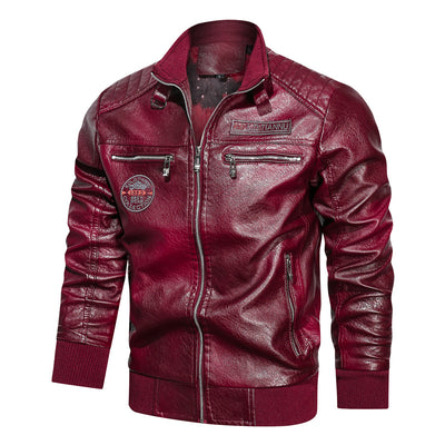 Chaqueta de Cuero con Cuello de Pie y Bolsillos