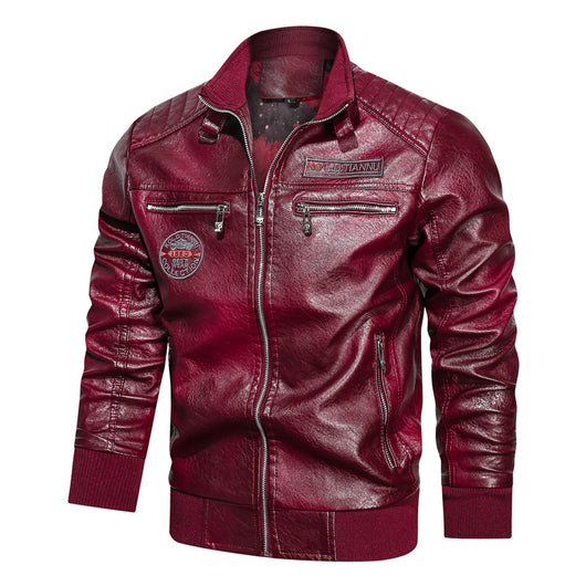 Chaqueta de Cuero con Cuello de Pie y Bolsillos