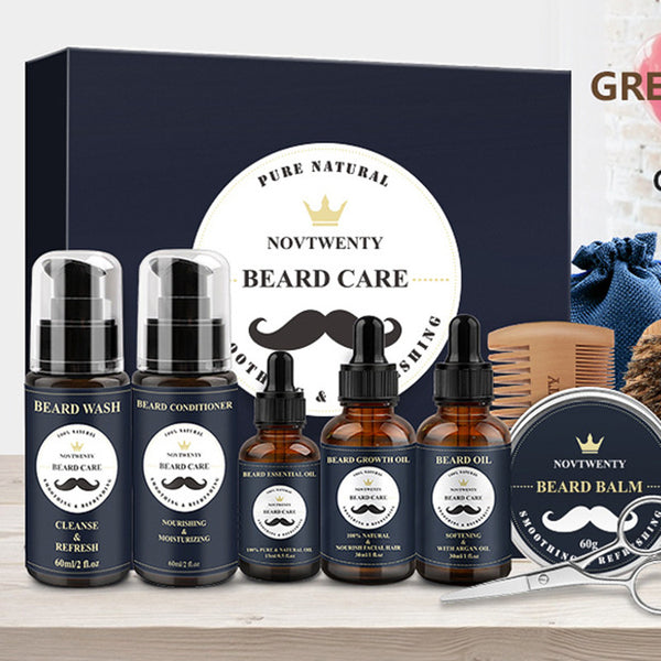 A comprehensive beard care kit with beard wash, essential oil, growth oil, beard oil, conditioner, balm, brush, comb, scissors, and razor.