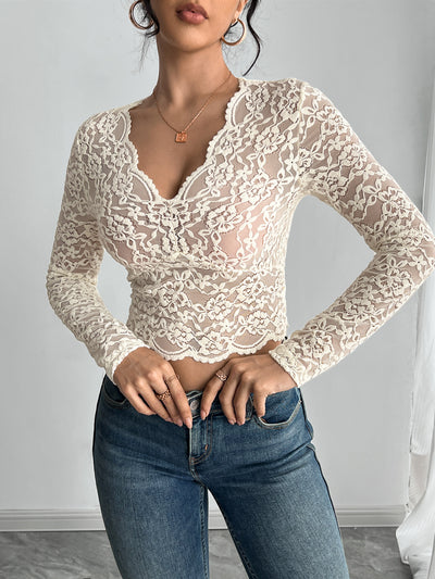 Blusa de Encaje Escote V Manga Larga Colores Sólidos - Image 11