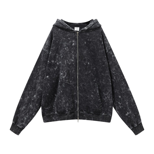 Cardigan Sudadera Holgada Negra Lavada Estilo Vintage para Hombre